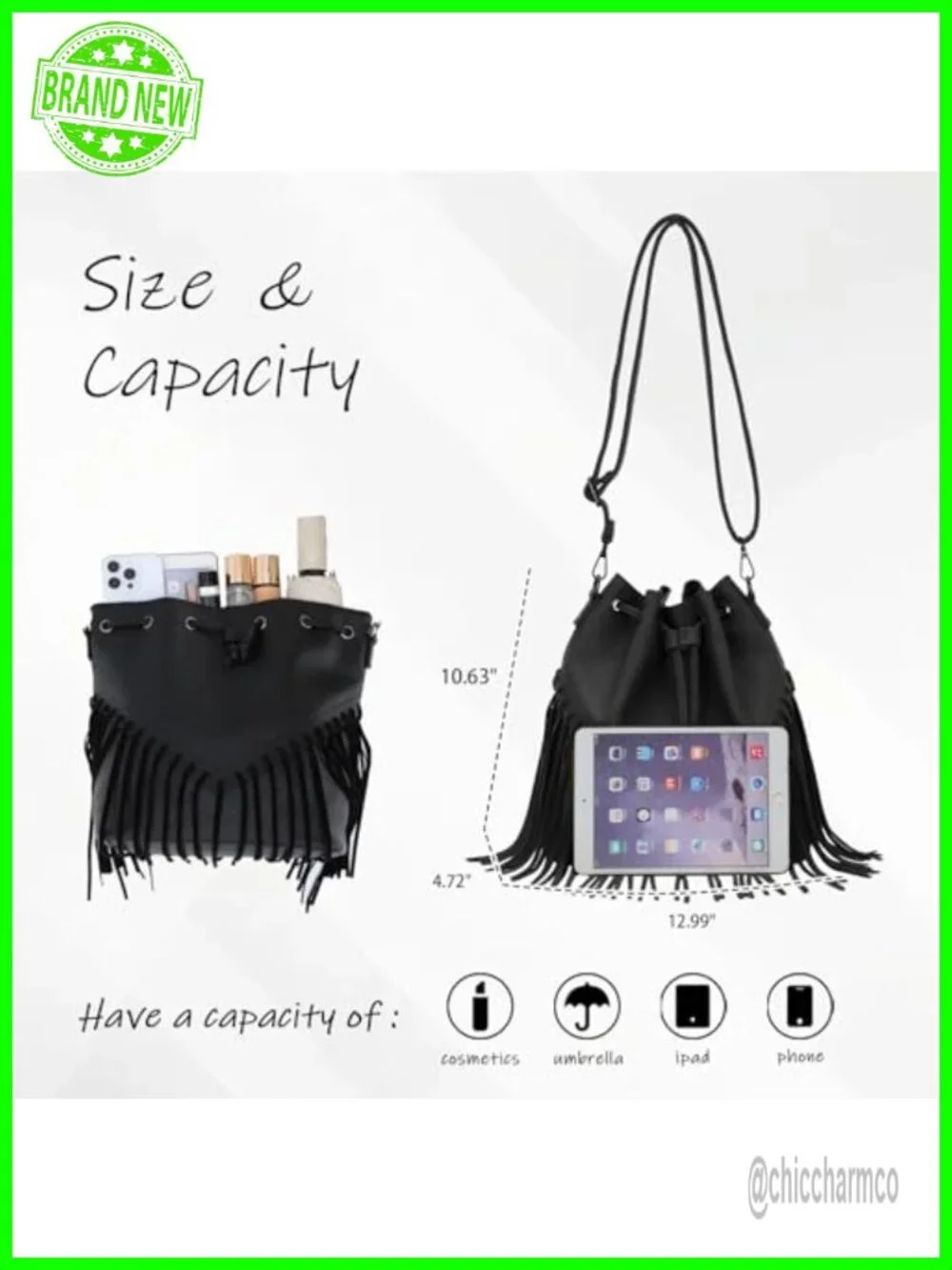 Vegan Faux Suede Leather Fringe Bucket Hobo Bag Crossbody Purse